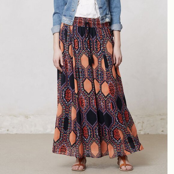 NWT Anthropologie Tribal Print Maxi Skirt With Elastic Smocked Waist in X-Small - Picture 1 of 14
